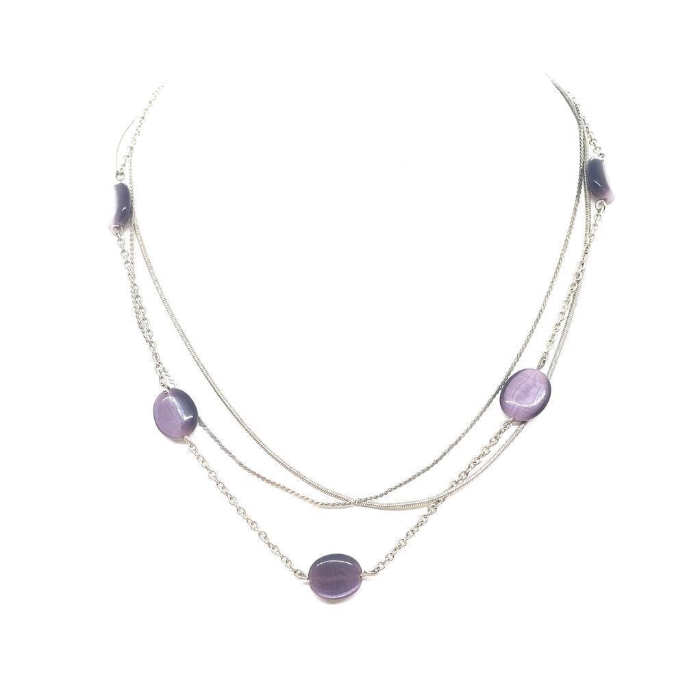 NY Multi Strand Necklace Silver Tone Purple Cat's Eye Beads Statement Layered